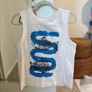 Maeve Off White Tank Top with Blue & Black Fish Design- Size XS